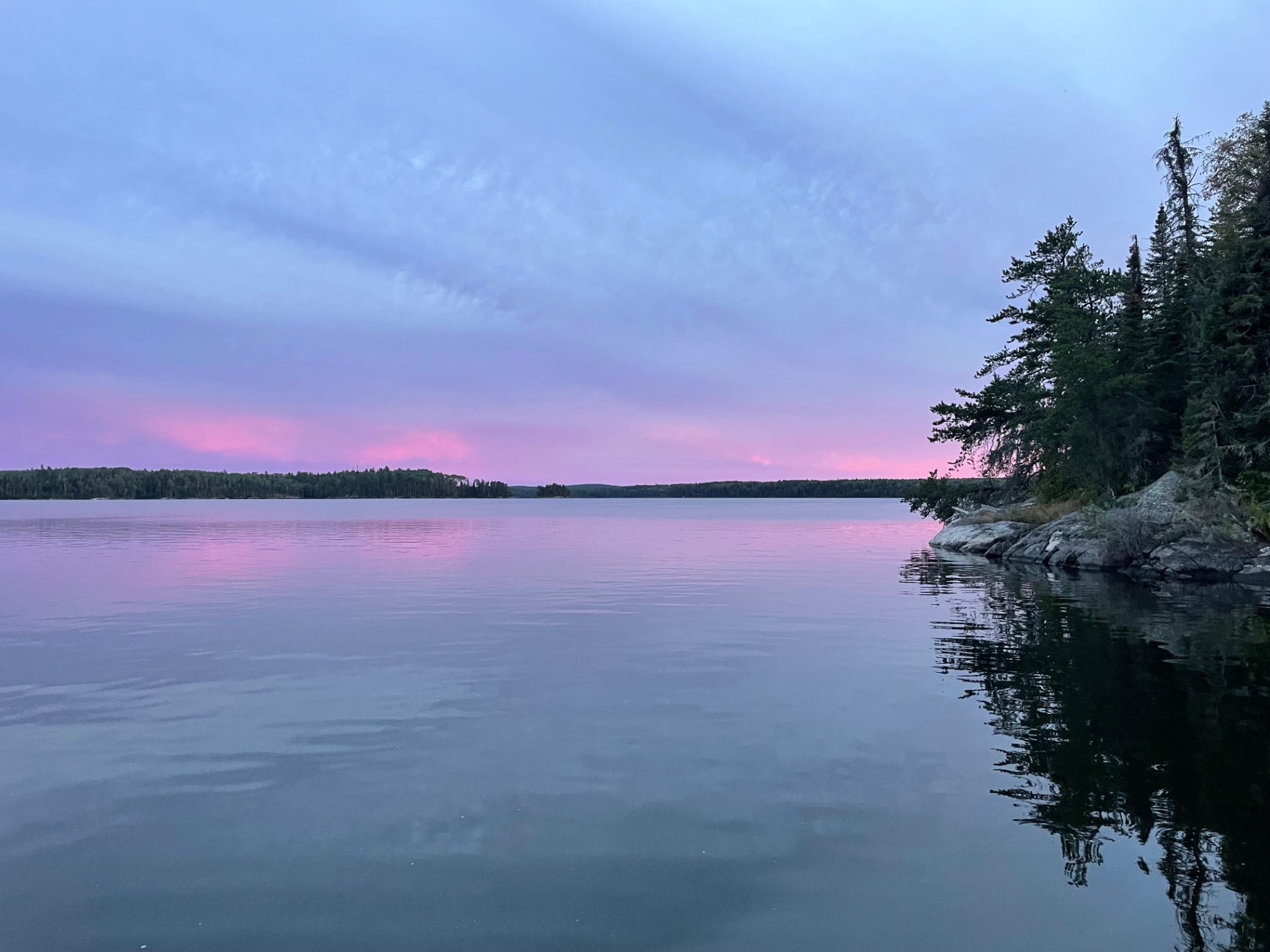 Dusk over the Wine Lake shoreline during bear season